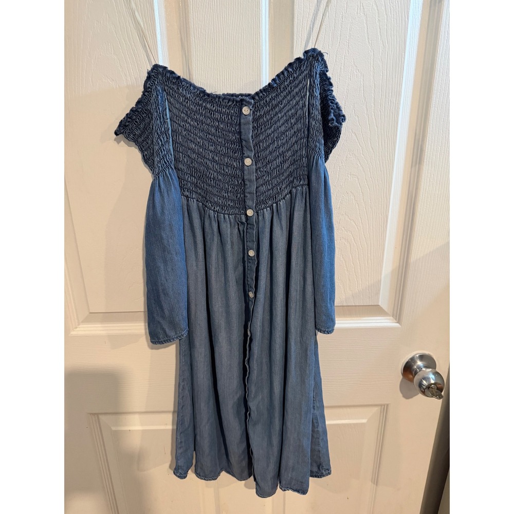 Sneak Peek Denim Chambray Smocked Off Shoulder Button Front Dress Blue Small
